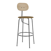 Wooden bar stool with a natural finish and sleek black metal legs, showcasing minimalist design and contemporary style.