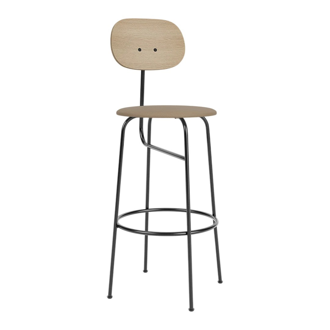Light wood bar stool with a minimalistic design and black metal legs, featuring smooth lines and a contemporary look.