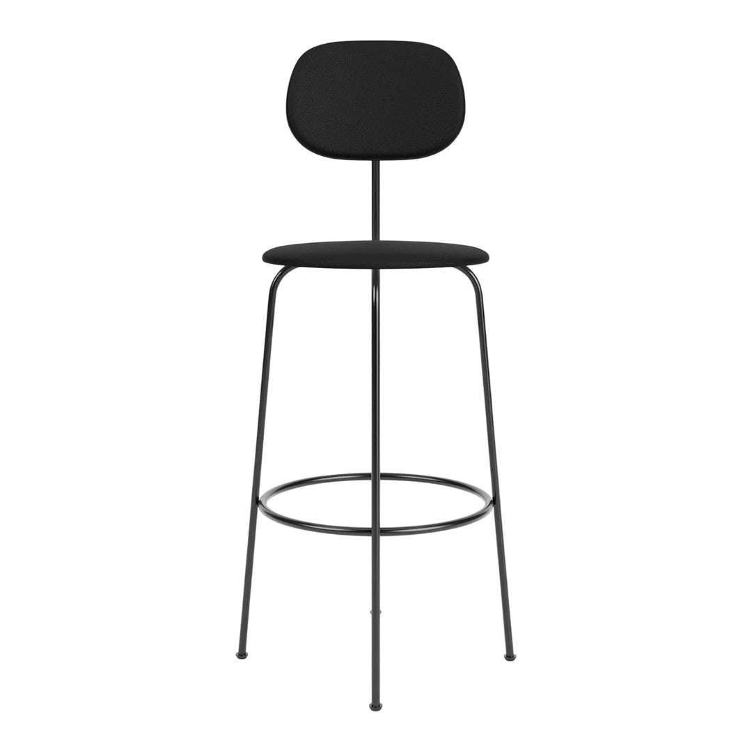 Black bar stool with a sleek, minimalist design and smooth matte finish. Elegant and modern for any space.