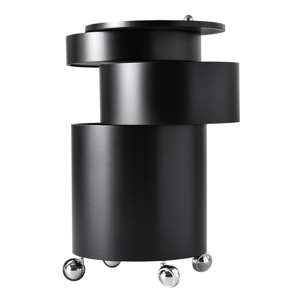 Black spiral nesting side table with smooth finish and circular patterns, featuring metallic wheels for easy mobility.