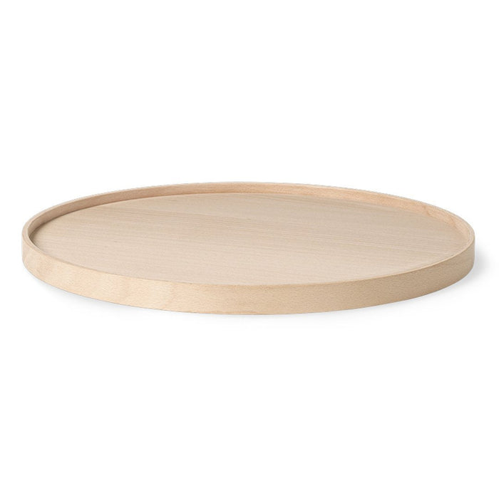 Natural light wood round tray with a smooth, minimalist design, featuring a simple and elegant pattern.