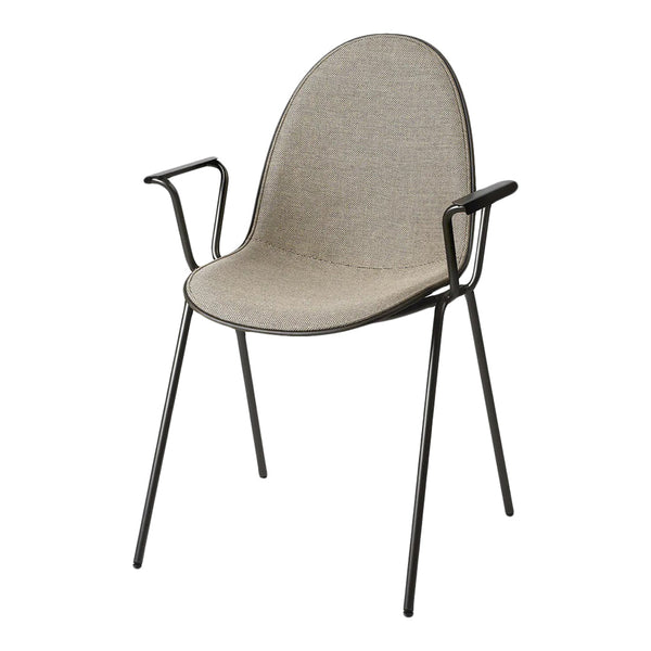 Beige upholstered chair with sleek black metal legs and minimalist design, perfect for modern decor.