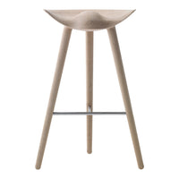 Natural wood bar stool with a smooth, curved seat and minimalist design featuring light tones and clean lines.