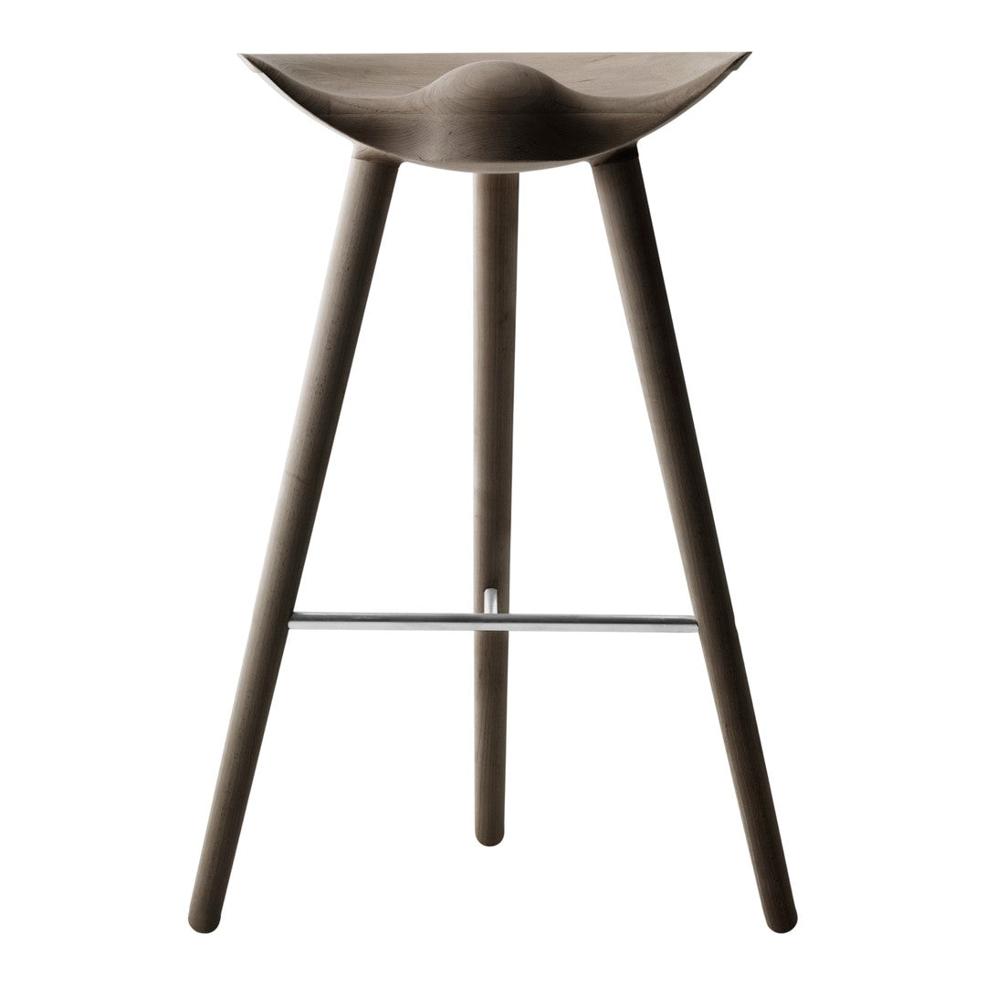 Stylish brown wooden bar stool with smooth curved seat and tapered legs, featuring a minimalist design.