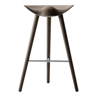 Stylish brown wooden bar stool with smooth curved seat and tapered legs, featuring a minimalist design.
