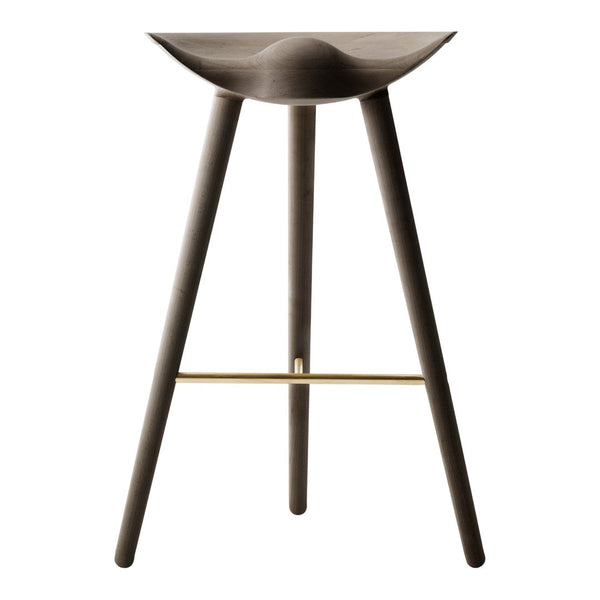 Dark wood bar stool with a smooth, curved seat and minimalist design, complemented by a sleek brass footrest.