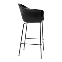 Black leather bar stool with a sleek design and minimalist black metal legs. Ideal for modern decor.