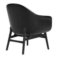 Black leather chair with a smooth, curved design and wooden legs in a matching black finish.