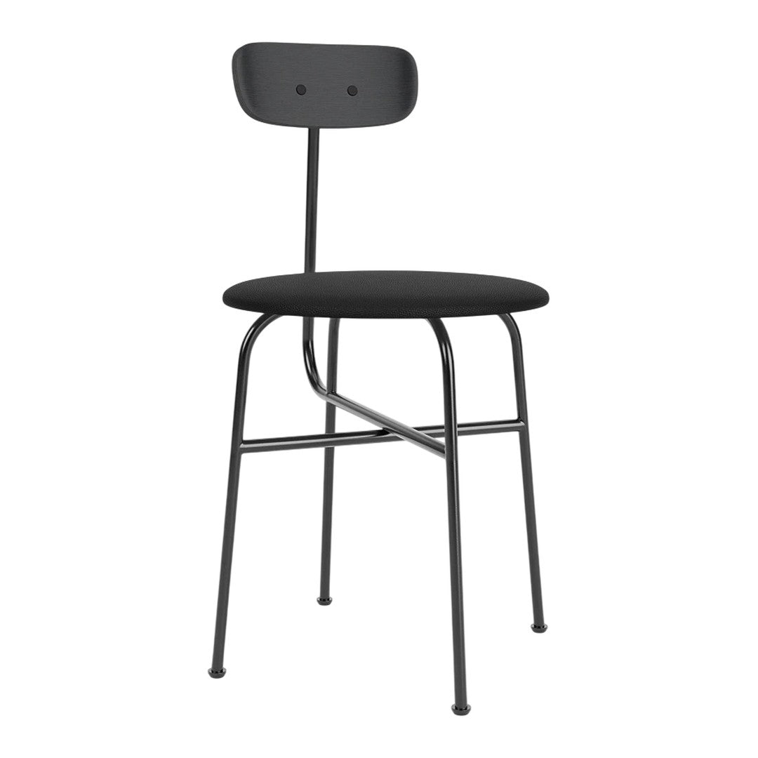Simple black stool featuring a smooth seat and backrest with a sleek metal frame. Minimalist design with no patterns.