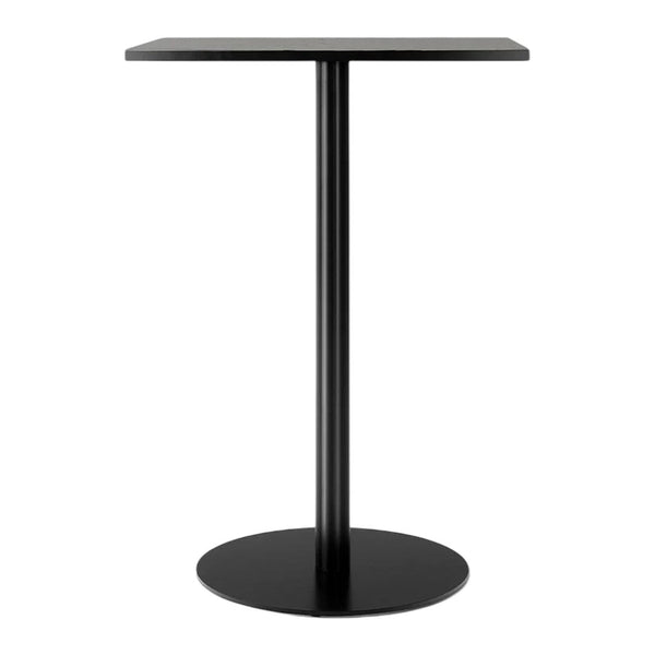 Sleek black bar table with a round base and minimalist design, featuring a smooth surface and straight lines.