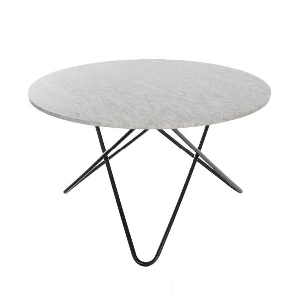 Round marble table with a sleek gray surface and minimalist black metal legs, perfect for modern decor.