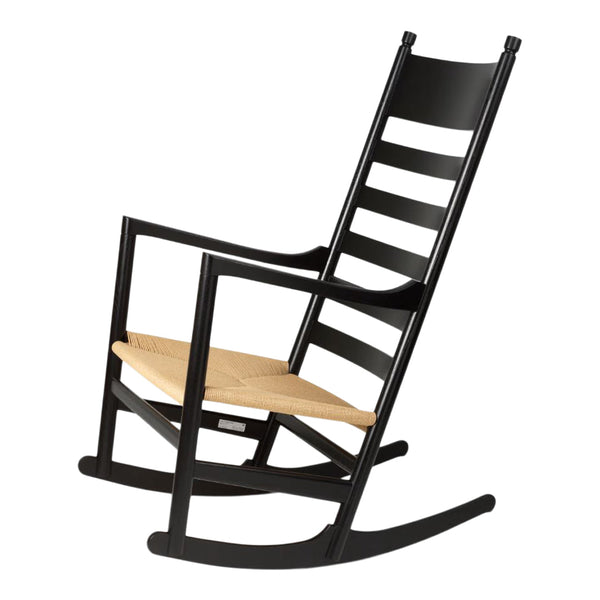 Black rocking chair with a natural wood seat, featuring a classic slatted design. Perfect for modern decor.