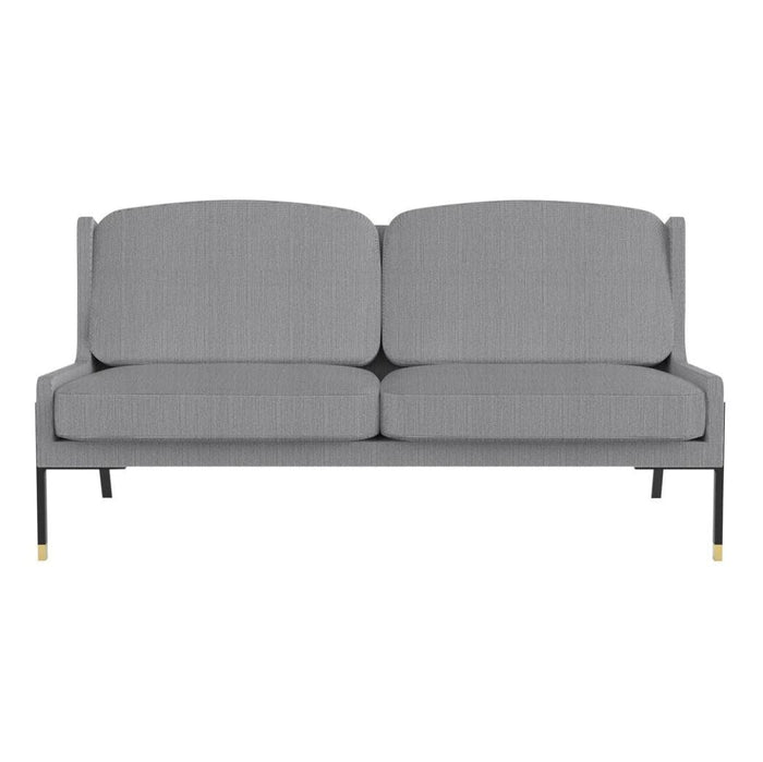 Gray fabric sofa with subtle textured pattern and black metal legs accented with gold details, perfect for modern decor.