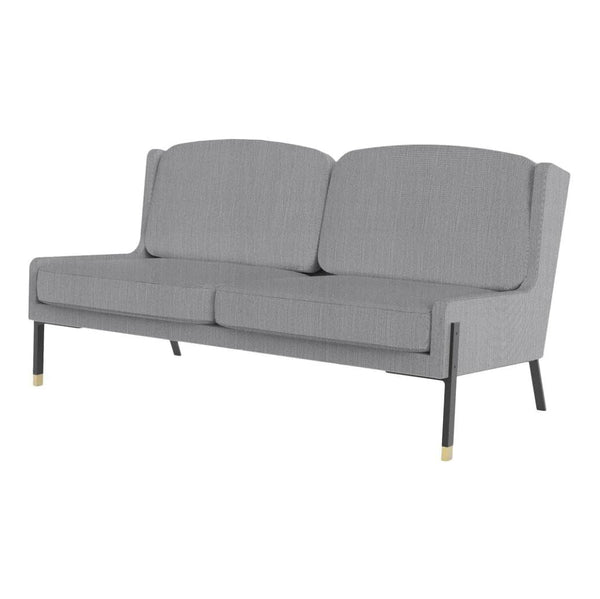Modern two-seater sofa in textured light gray fabric with sleek black legs and gold accents. Suitable for stylish interiors.