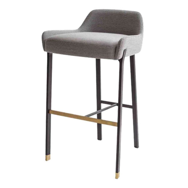 Gray upholstered bar stool with sleek black legs and gold accents, featuring a modern minimalist design.