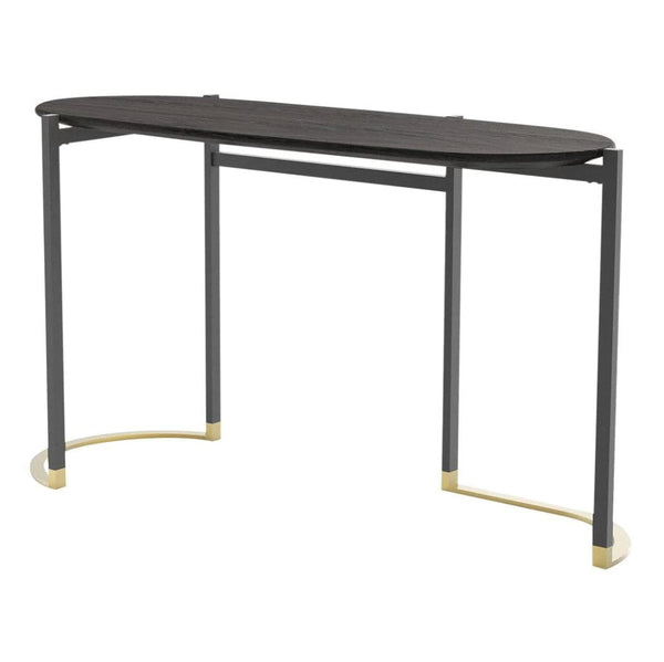 Black wood tabletop with sleek gray legs and gold accents, creating a modern and elegant design.