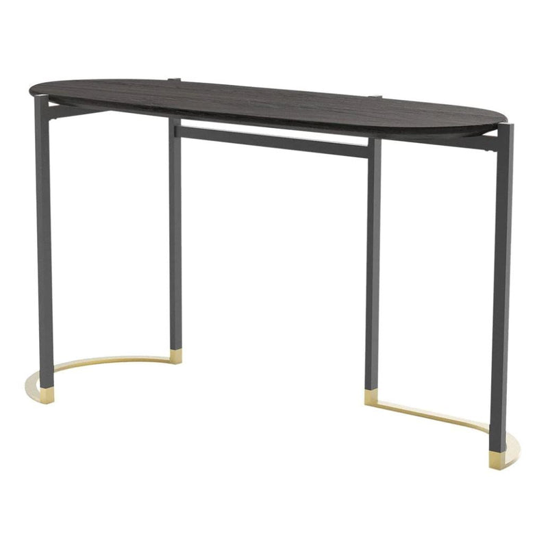 Black wood tabletop with sleek gray legs and gold accents, creating a modern and elegant design.