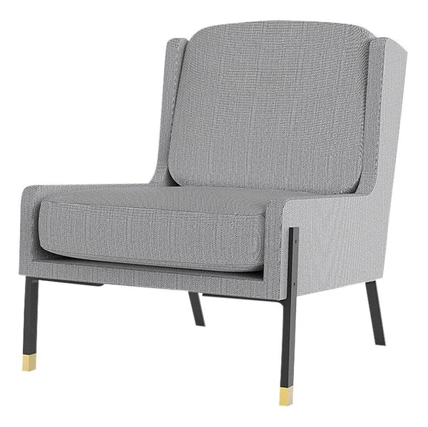 Gray upholstered chair with a textured pattern and black legs featuring gold accents. Modern and stylish design.