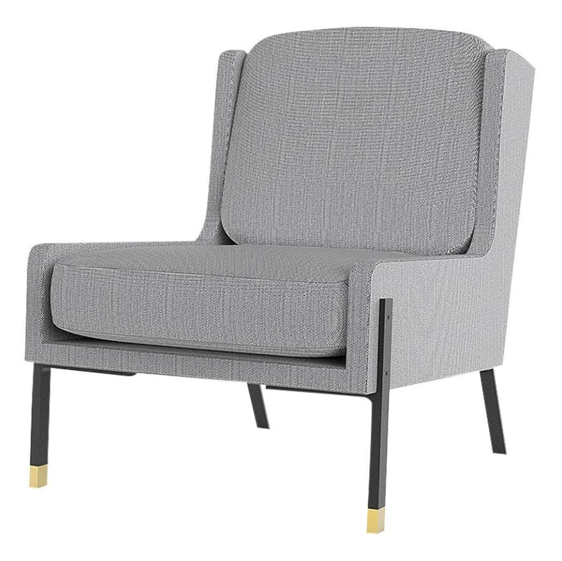 Gray upholstered chair with a textured pattern and black legs featuring gold accents. Modern and stylish design.