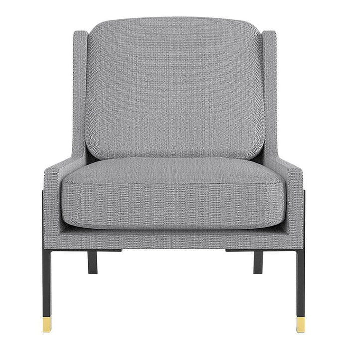 Gray upholstered armchair with textured pattern and sleek black metal legs featuring gold accents.