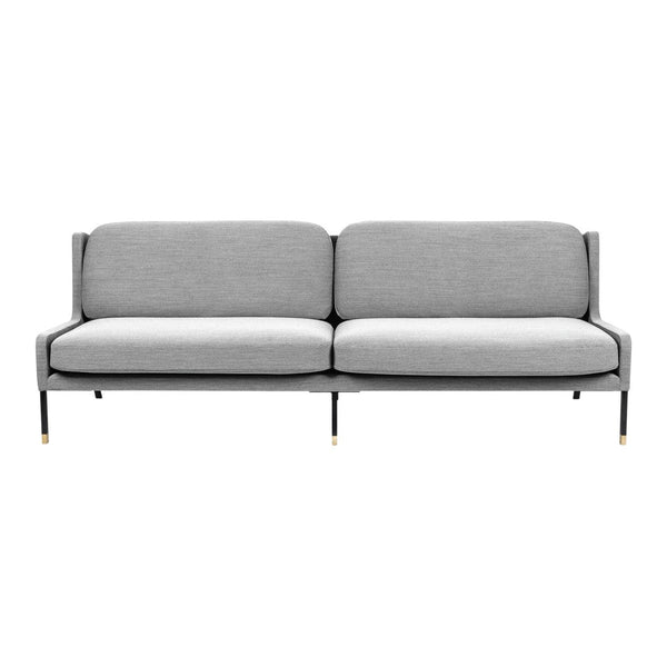 Gray mid-century modern sofa with a clean design and subtle texture, featuring straight lines and black metal legs.