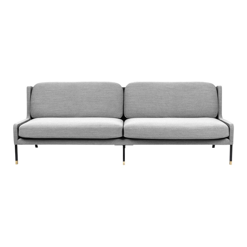 Gray mid-century modern sofa with a clean design and subtle texture, featuring straight lines and black metal legs.