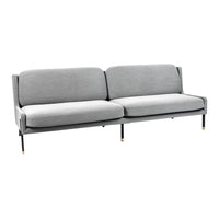 Gray upholstered sofa with a sleek, modern design and subtle striped pattern. Black metal legs with gold accents.