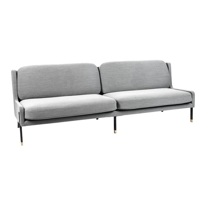 Gray upholstered sofa with a sleek, modern design and subtle striped pattern. Black metal legs with gold accents.
