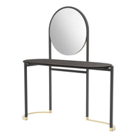 Sleek black wood vanity table with round mirror and gold accents, featuring a modern minimalist design and smooth finishes.