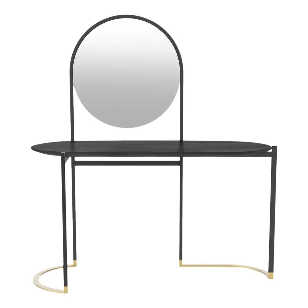 Black oval tabletop with sleek metal legs and a round mirror; gold accents add a touch of elegance.
