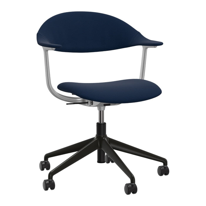 Navy blue textured seat on sleek silver frame with a black wheeled base. Perfect for modern office decor.