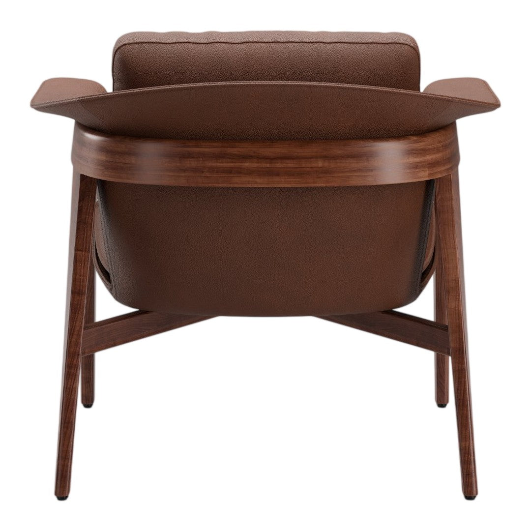Brown upholstered chair with a sleek wooden frame and elegant curved arms. Modern design with a minimalist aesthetic.