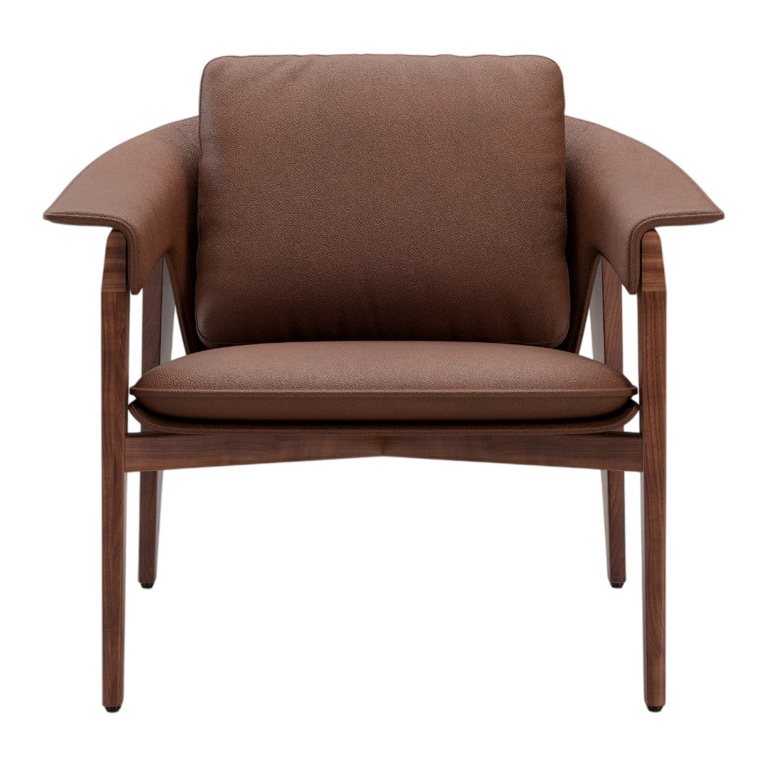 Brown fabric armchair with a minimalist design and wooden frame, featuring a smooth texture and contemporary style.