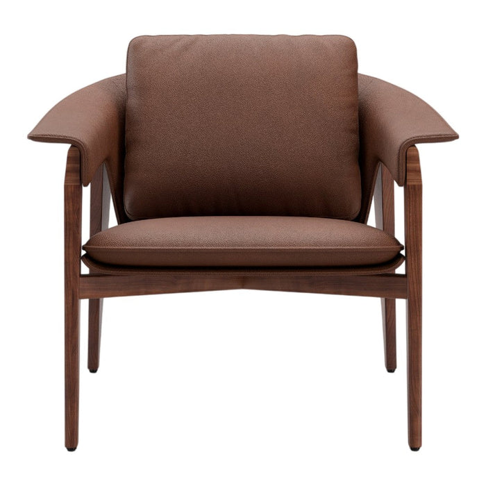 Brown fabric armchair with a minimalist design and wooden frame, featuring a smooth texture and contemporary style.
