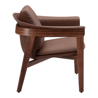 Brown upholstered chair with a sleek wooden frame and smooth curves. Classic design perfect for modern interiors.