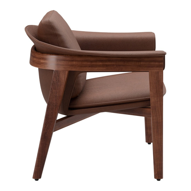 Brown upholstered chair with a sleek wooden frame and smooth curves. Classic design perfect for modern interiors.