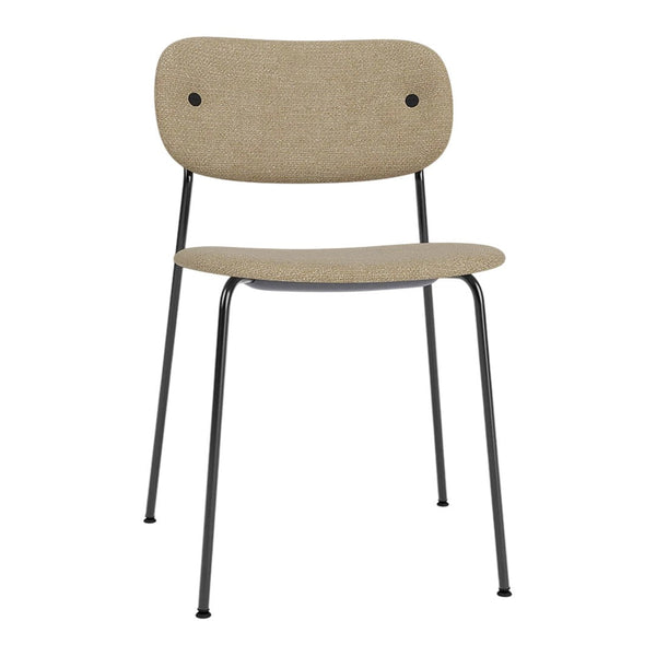 Beige upholstered chair with a subtle texture and minimalist black metal legs. Modern design fits various decor styles.
