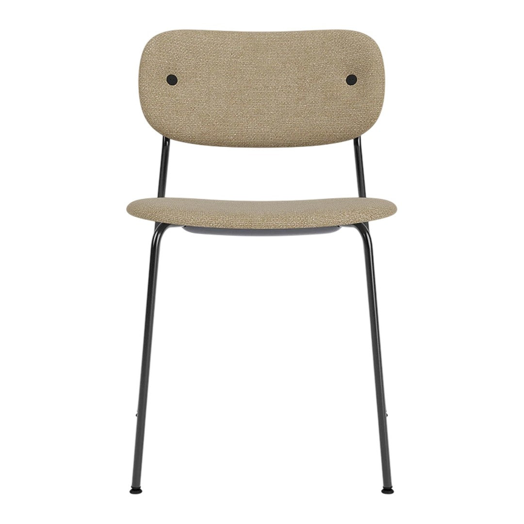Beige fabric chair with a simple, modern design and black metal legs; features rounded back and seat without patterns.