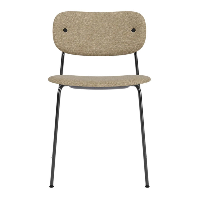 Beige fabric chair with a simple, modern design and black metal legs; features rounded back and seat without patterns.