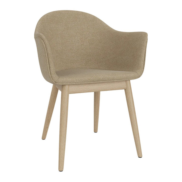 Beige upholstered chair with a smooth texture and wooden legs, featuring a modern, minimalistic design.