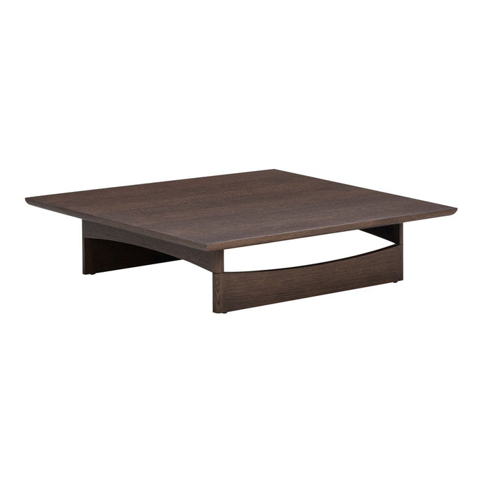 Dark wood square coffee table with a smooth finish and minimalist design, featuring a sleek under-panel.