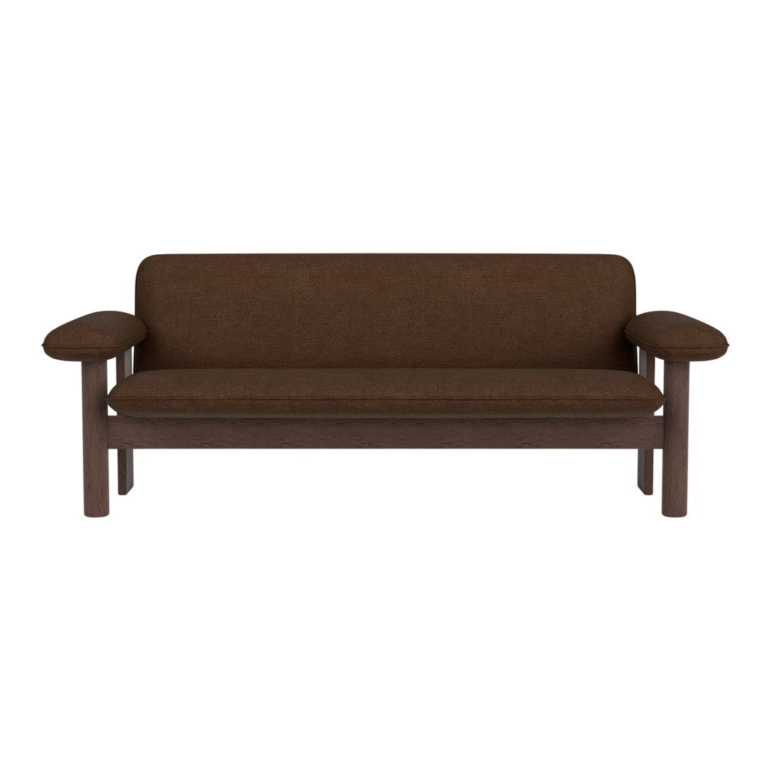 Brown fabric sofa with a solid wood frame and minimalist design, featuring simple lines and smooth contours.