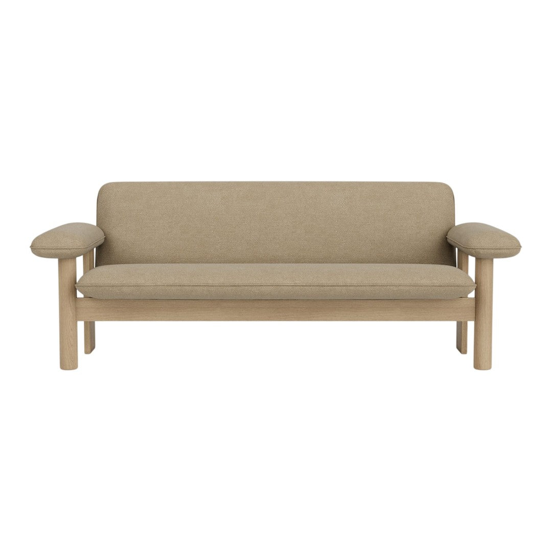 Beige fabric sofa with smooth, curved wooden arms and a minimalist design, perfect for modern spaces.