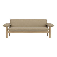 Beige fabric sofa with smooth, curved wooden arms and a minimalist design, perfect for modern spaces.