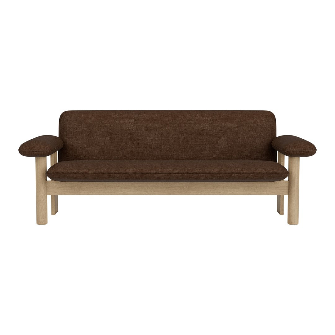 Brown upholstered sofa with light wooden frame and smooth, clean lines. Ideal for modern living spaces.