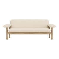 Beige upholstered sofa with light wood arms and base, featuring a minimalist design and smooth surfaces.