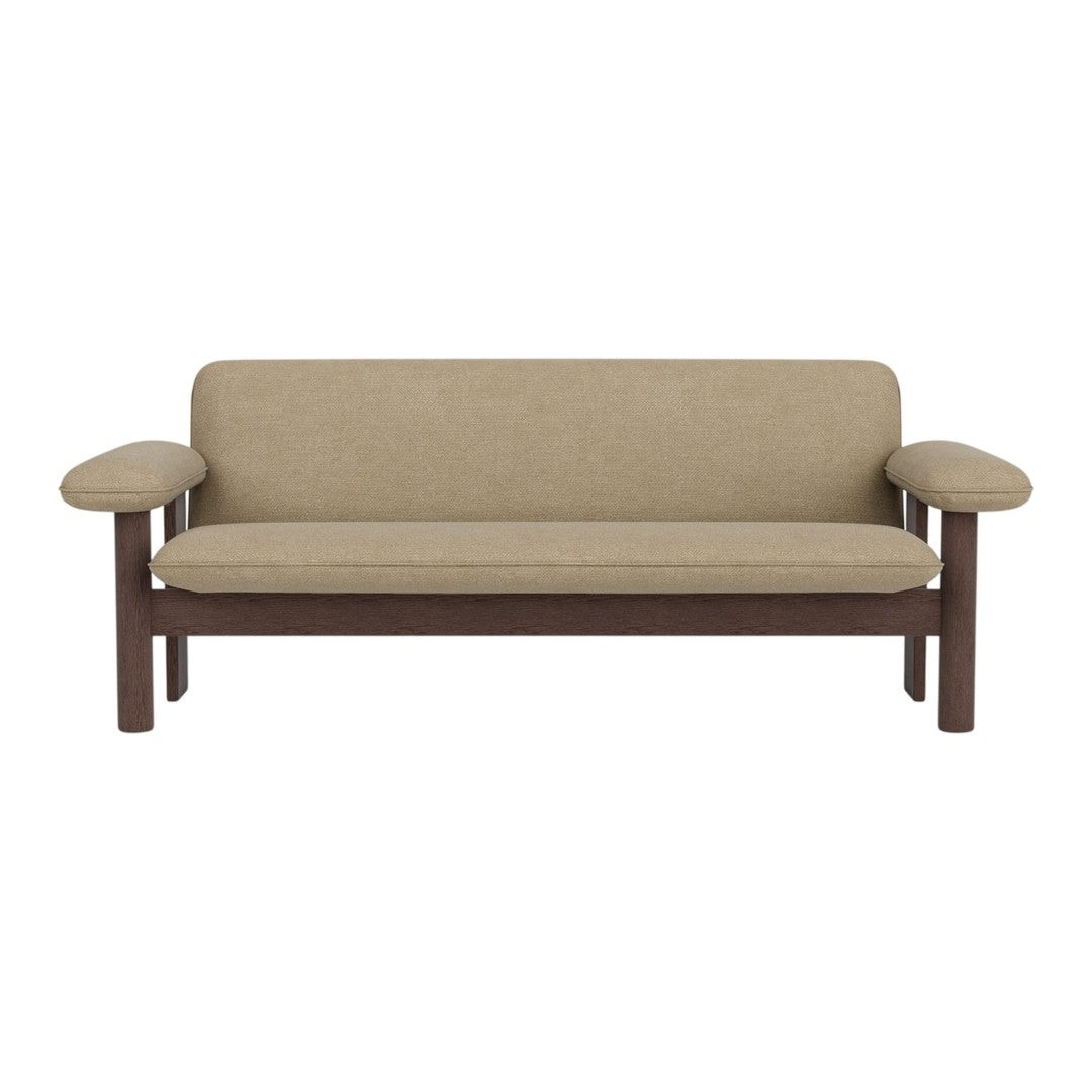 Beige upholstery with a smooth texture, complemented by dark wood armrests and a minimalist design.