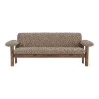 Brown textured fabric sofa with wooden arms, featuring a cozy, minimalist design. Perfect for modern interiors.