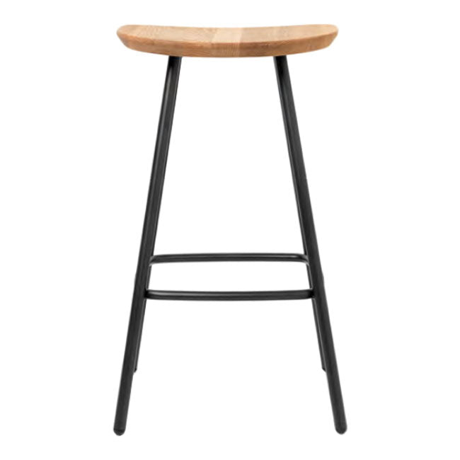 Natural wood and black metal bar stool with a minimalist design, featuring a curved seat and sleek legs.
