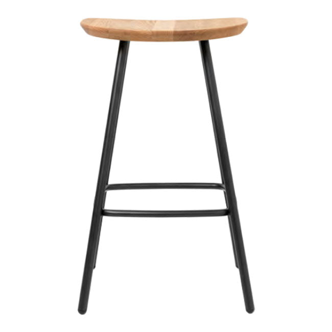 Natural wood and black metal bar stool with a minimalist design, featuring a smooth top and slender legs.